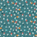 Retro Polka dots mixed with wording  Ã¢â¬ÅBE HAPPYÃ¢â¬Â Vector seamless pattern in typo play font.  ,Design for fashion,web,wallpaper, Royalty Free Stock Photo